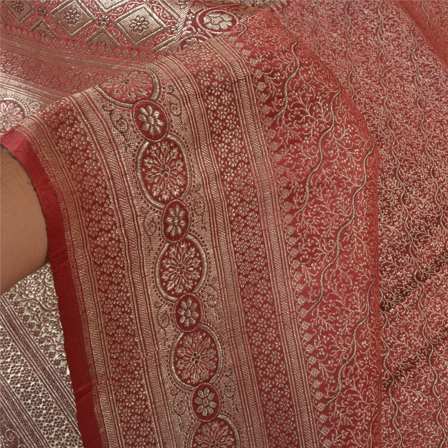 Sanskriti Vintage Red Wedding Sarees Pure Satin Silk Banarasi Woven Brocade Sari