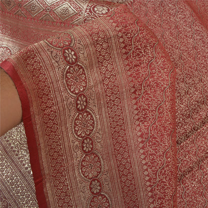 Sanskriti Vintage Red Wedding Sarees Pure Satin Silk Banarasi Woven Brocade Sari