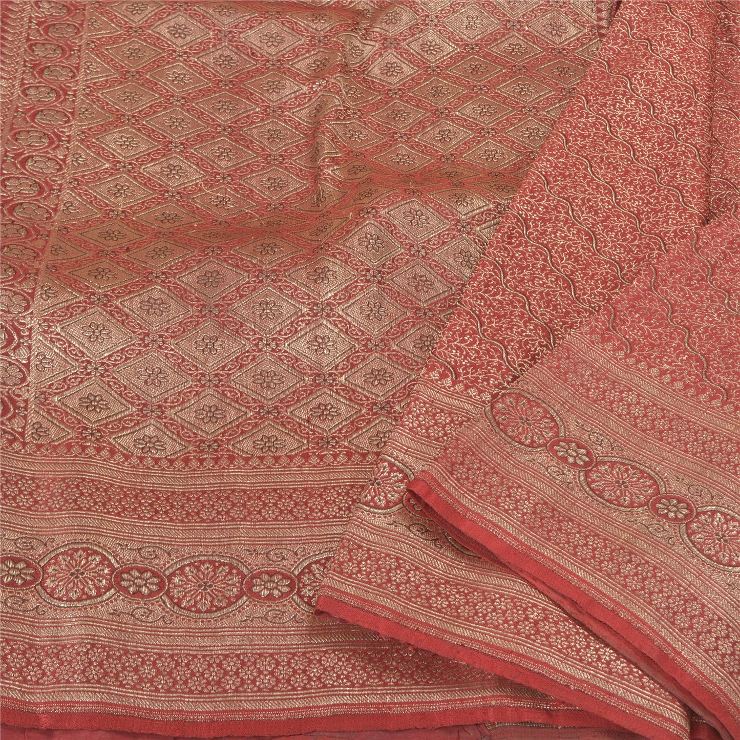 Sanskriti Vintage Red Wedding Sarees Pure Satin Silk Banarasi Woven Brocade Sari