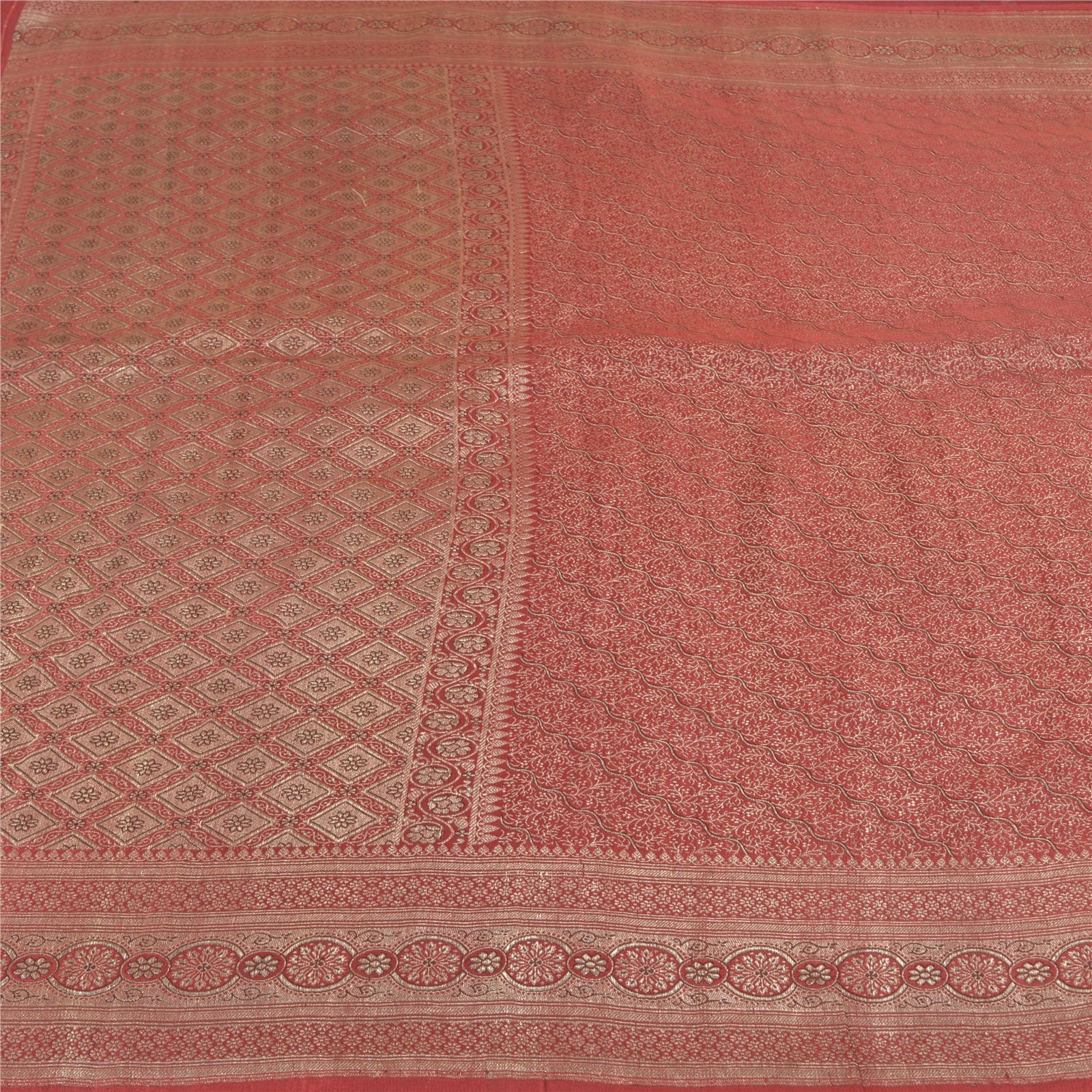 Sanskriti Vintage Red Wedding Sarees Pure Satin Silk Banarasi Woven Brocade Sari
