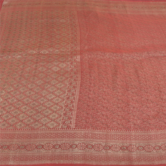 Sanskriti Vintage Red Wedding Sarees Pure Satin Silk Banarasi Woven Brocade Sari