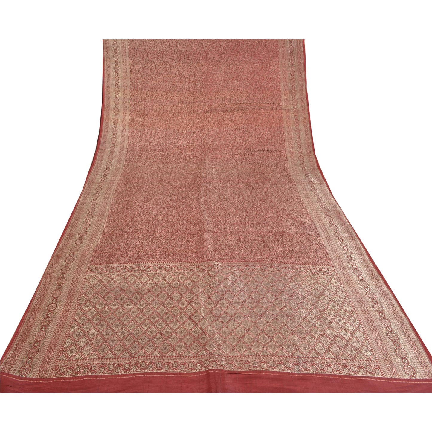 Sanskriti Vintage Red Wedding Sarees Pure Satin Silk Banarasi Woven Brocade Sari