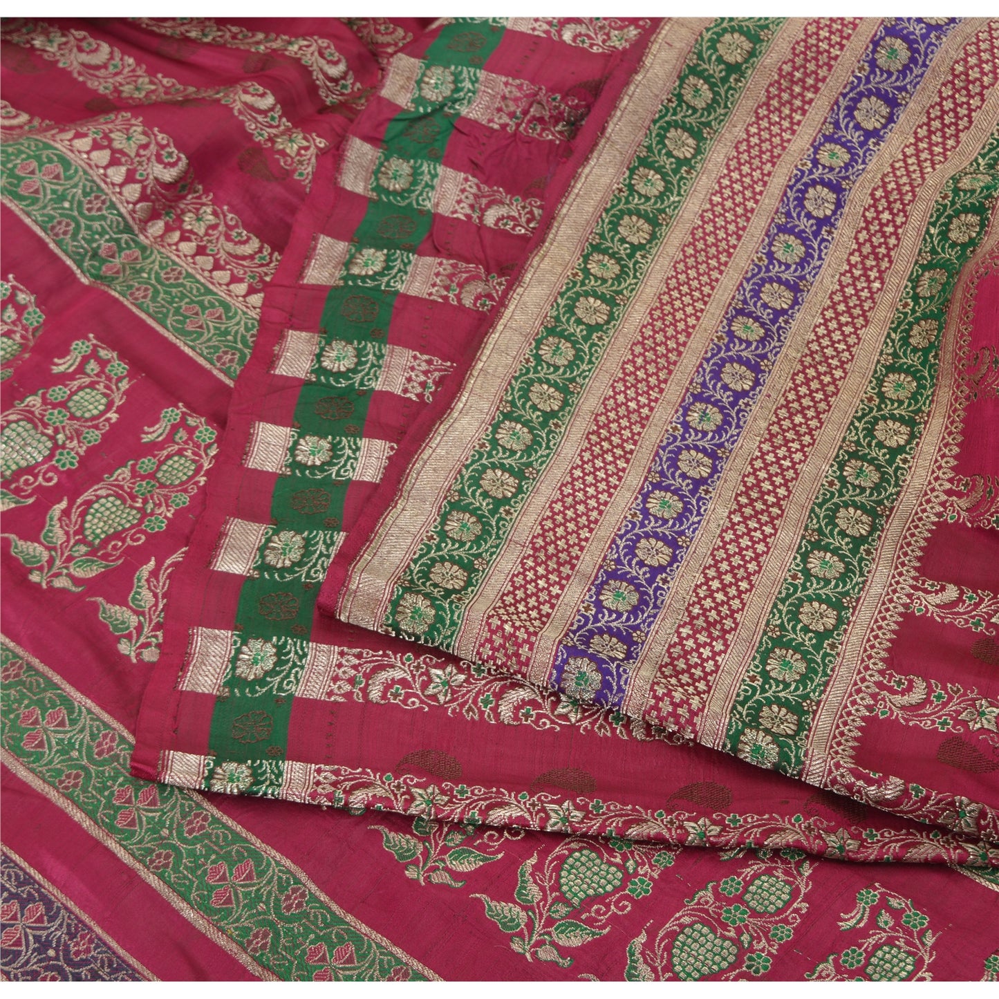 Sanskriti Vintage Pink Sarees Pure Satin Silk Woven Brocade/Banarasi Sari Fabric