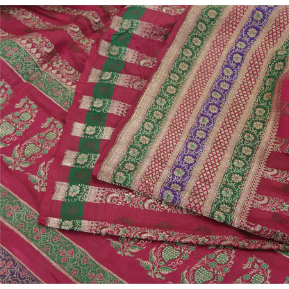 Sanskriti Vintage Pink Sarees Pure Satin Silk Woven Brocade/Banarasi Sari Fabric