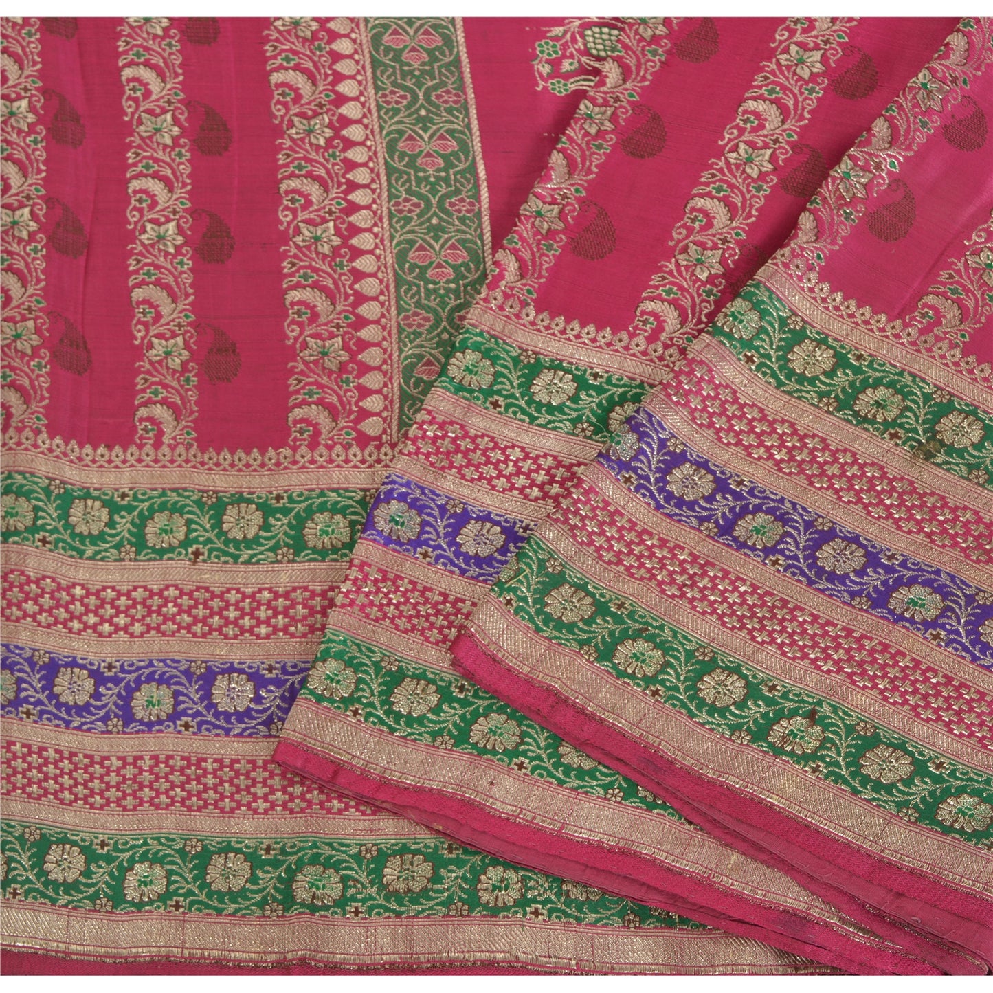 Sanskriti Vintage Pink Sarees Pure Satin Silk Woven Brocade/Banarasi Sari Fabric