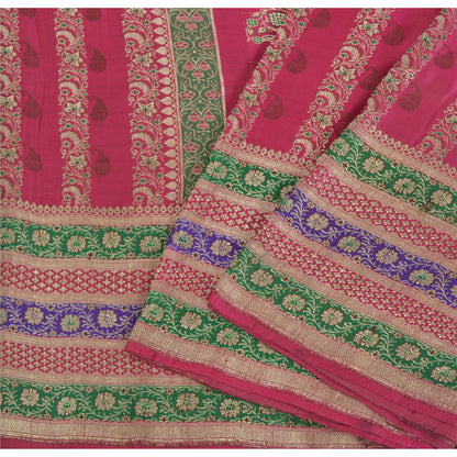 Sanskriti Vintage Pink Sarees Pure Satin Silk Woven Brocade/Banarasi Sari Fabric