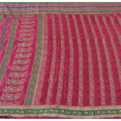Sanskriti Vintage Pink Sarees Pure Satin Silk Woven Brocade/Banarasi Sari Fabric
