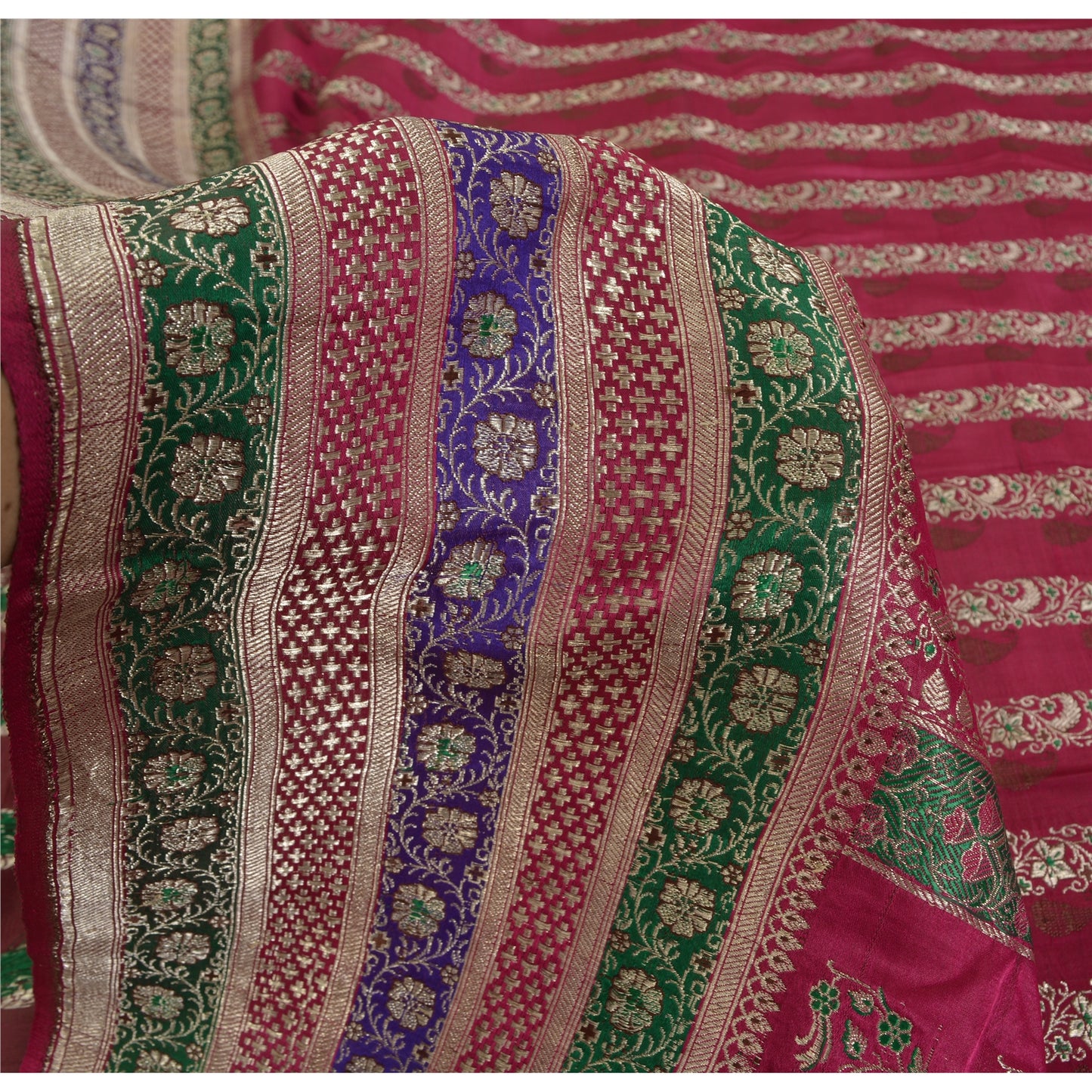 Sanskriti Vintage Pink Sarees Pure Satin Silk Woven Brocade/Banarasi Sari Fabric