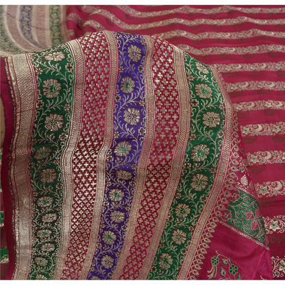 Sanskriti Vintage Pink Sarees Pure Satin Silk Woven Brocade/Banarasi Sari Fabric
