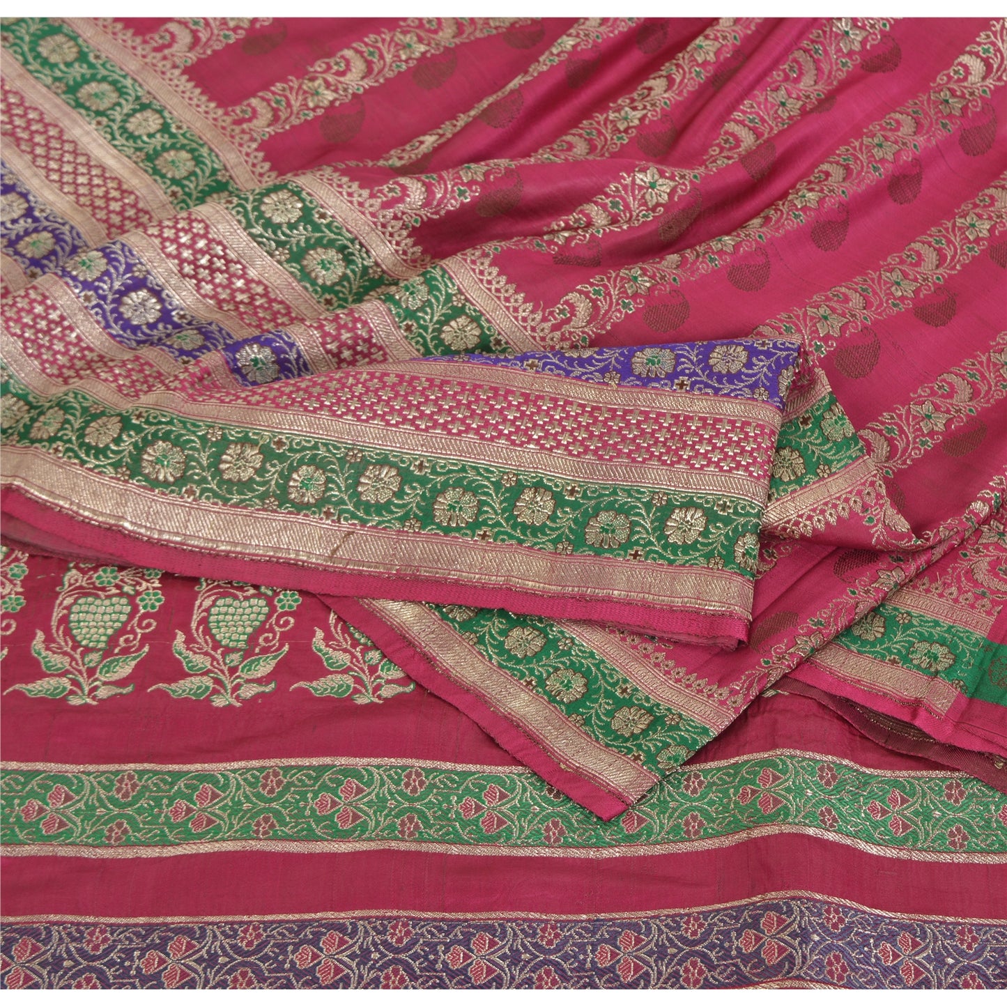Sanskriti Vintage Pink Sarees Pure Satin Silk Woven Brocade/Banarasi Sari Fabric