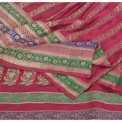 Sanskriti Vintage Pink Sarees Pure Satin Silk Woven Brocade/Banarasi Sari Fabric