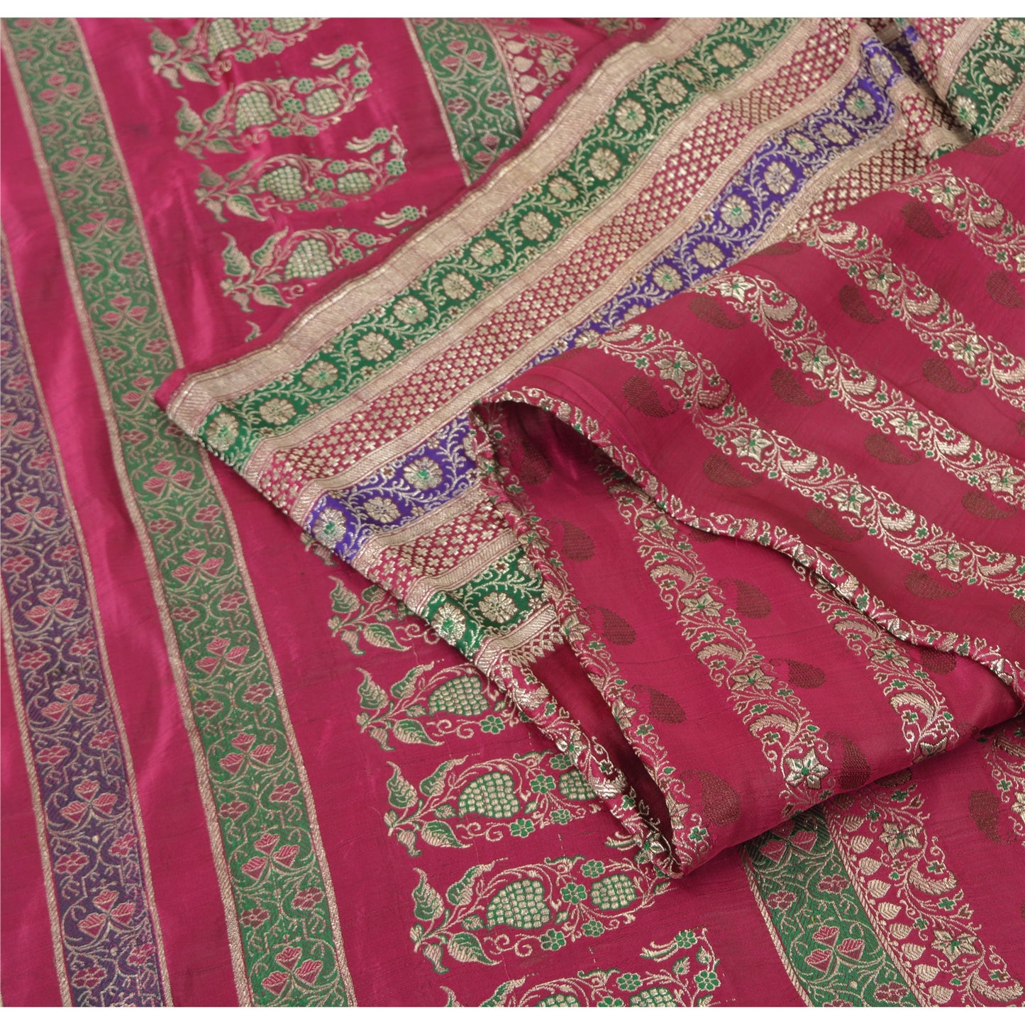 Sanskriti Vintage Pink Sarees Pure Satin Silk Woven Brocade/Banarasi Sari Fabric