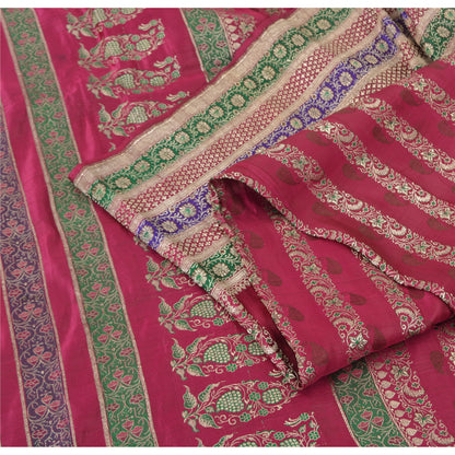 Sanskriti Vintage Pink Sarees Pure Satin Silk Woven Brocade/Banarasi Sari Fabric