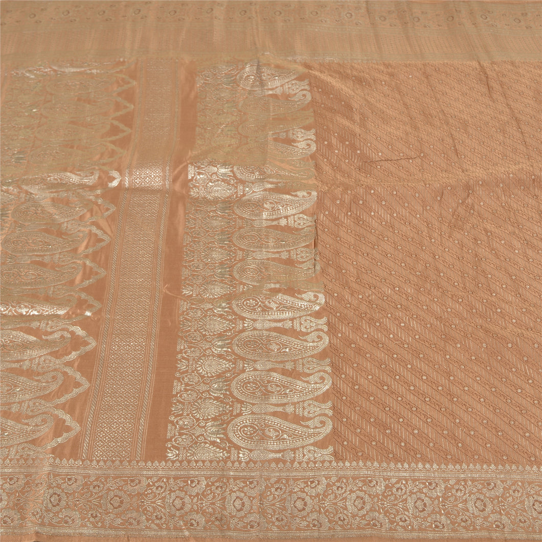 Sanskriti Vintage Brown Heavy Sarees Pure Satin Silk Woven Brocade Sari Fabric