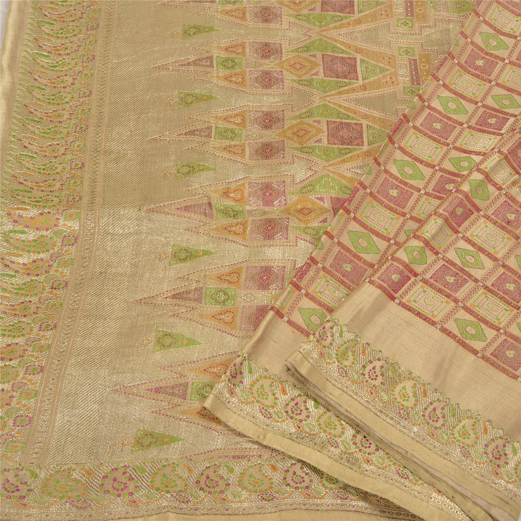 Sanskriti Vintage Beige Sarees Pure Satin BanarasiWoven Brocade Zari Sari Fabric