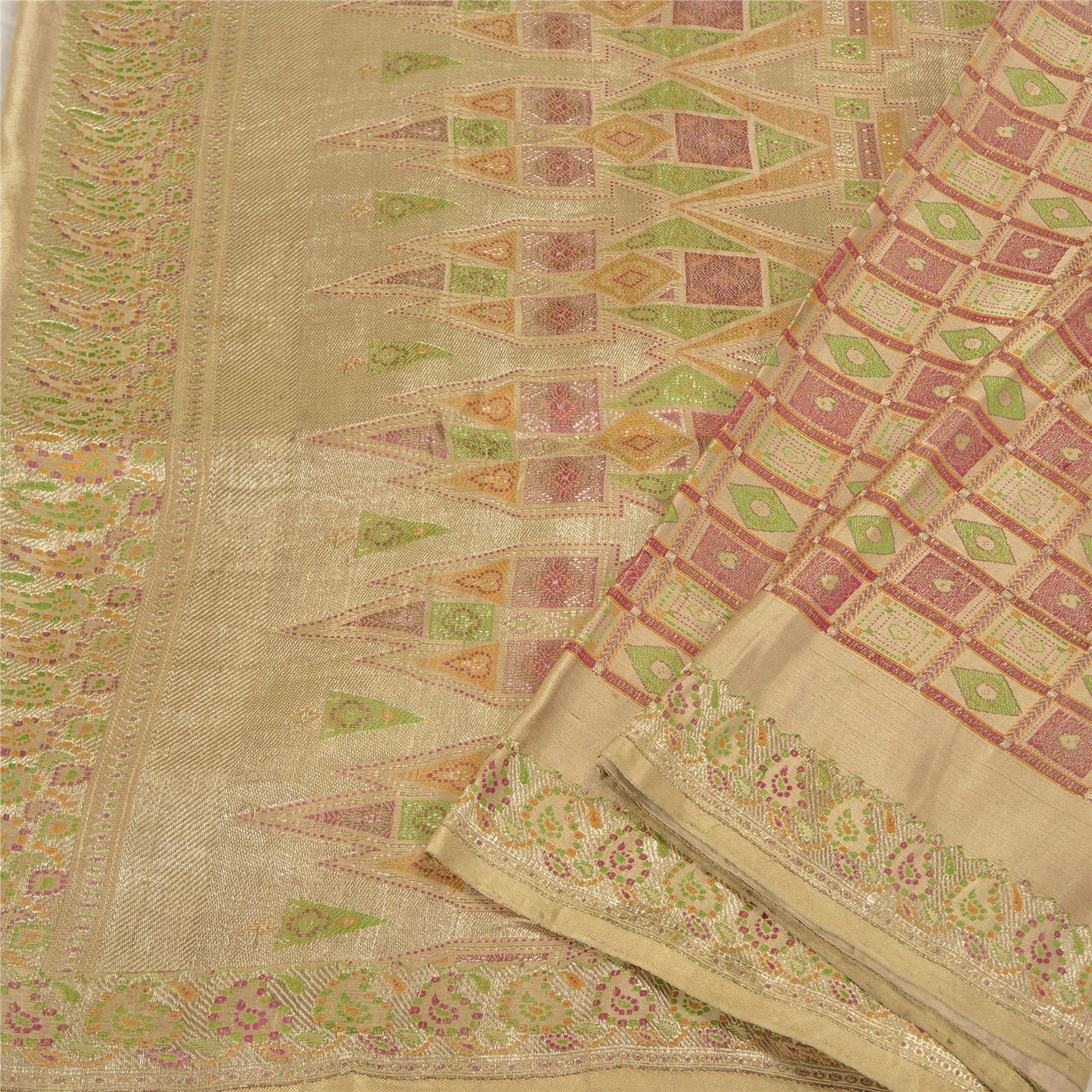 Sanskriti Vintage Beige Sarees Pure Satin BanarasiWoven Brocade Zari Sari Fabric