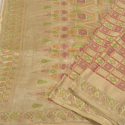 Sanskriti Vintage Beige Sarees Pure Satin BanarasiWoven Brocade Zari Sari Fabric