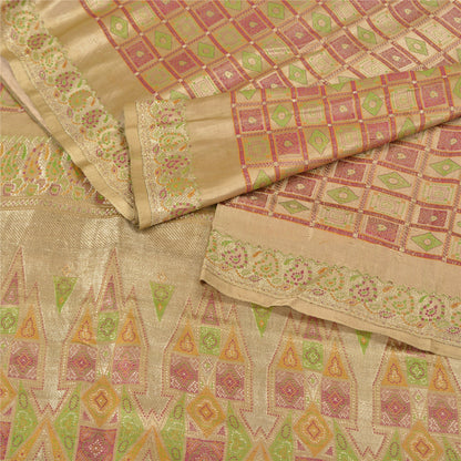 Sanskriti Vintage Beige Sarees Pure Satin BanarasiWoven Brocade Zari Sari Fabric