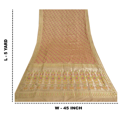 Sanskriti Vintage Beige Sarees Pure Satin BanarasiWoven Brocade Zari Sari Fabric