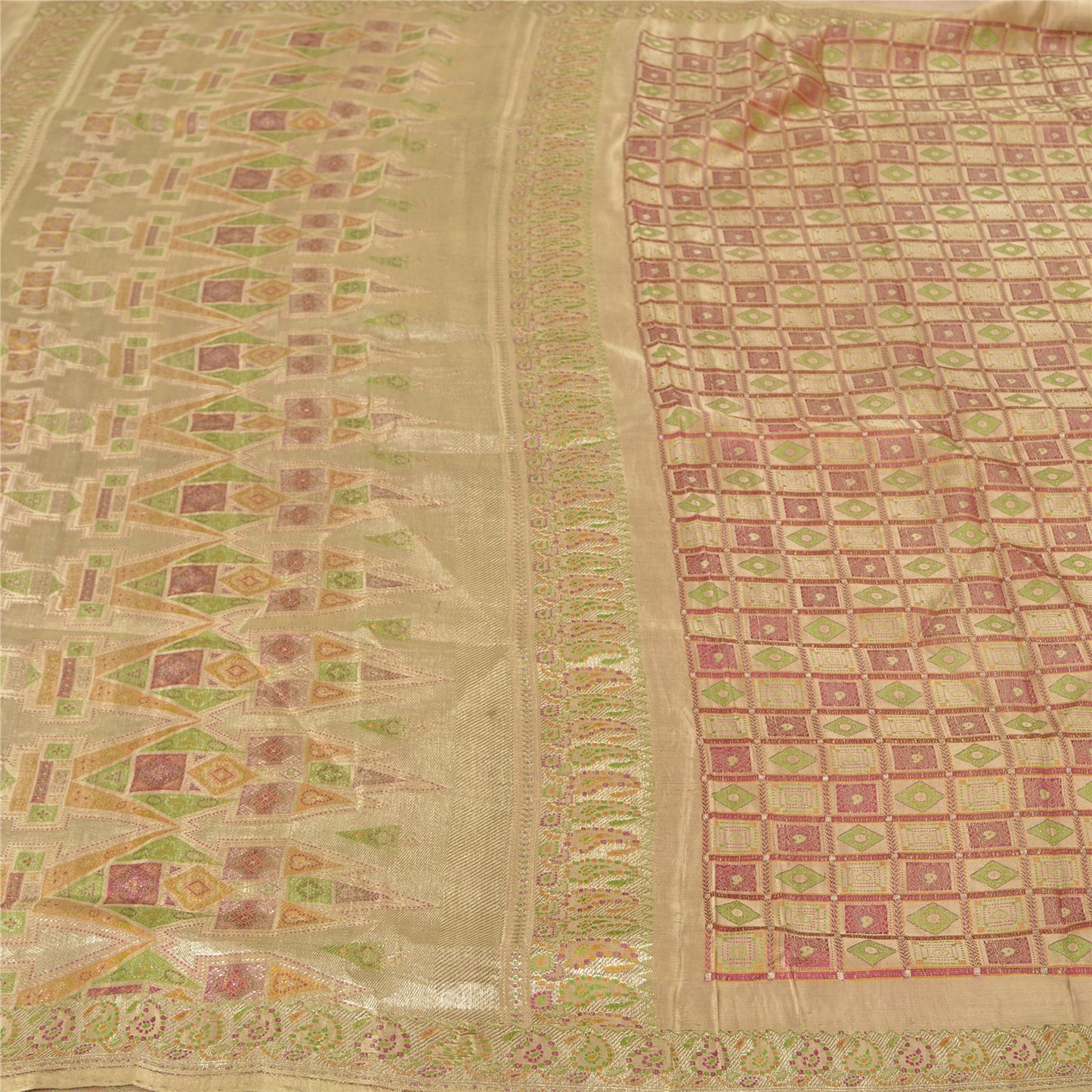 Sanskriti Vintage Beige Sarees Pure Satin BanarasiWoven Brocade Zari Sari Fabric