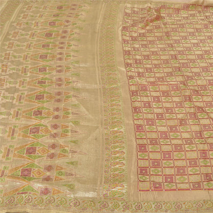 Sanskriti Vintage Beige Sarees Pure Satin BanarasiWoven Brocade Zari Sari Fabric