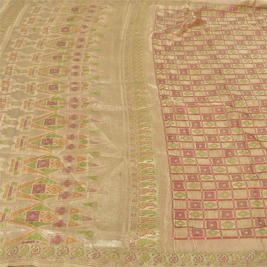 Sanskriti Vintage Beige Sarees Pure Satin BanarasiWoven Brocade Zari Sari Fabric