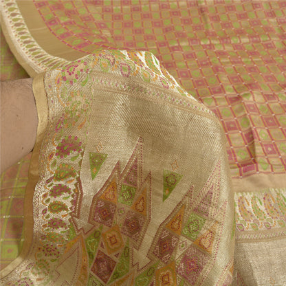 Sanskriti Vintage Beige Sarees Pure Satin BanarasiWoven Brocade Zari Sari Fabric