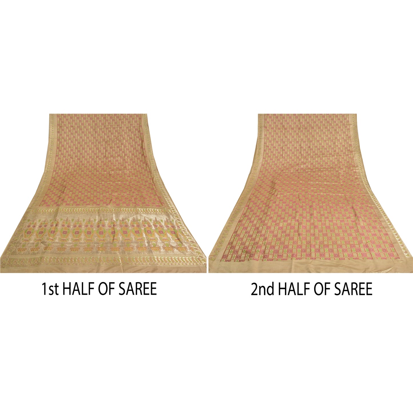 Sanskriti Vintage Beige Sarees Pure Satin BanarasiWoven Brocade Zari Sari Fabric