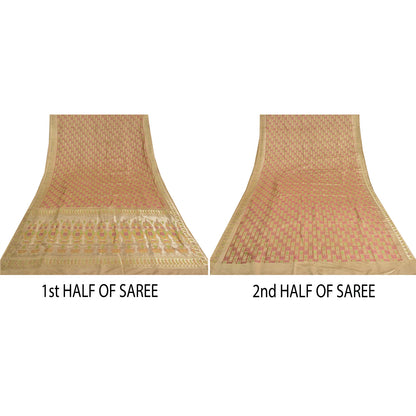 Sanskriti Vintage Beige Sarees Pure Satin BanarasiWoven Brocade Zari Sari Fabric