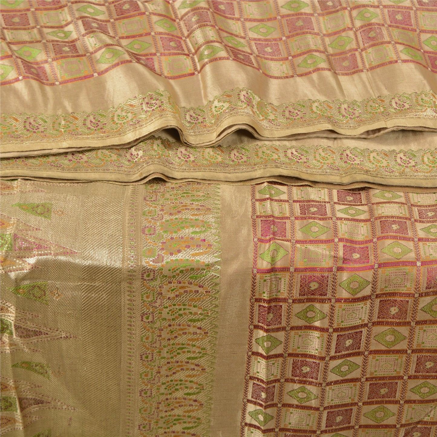 Sanskriti Vintage Beige Sarees Pure Satin BanarasiWoven Brocade Zari Sari Fabric