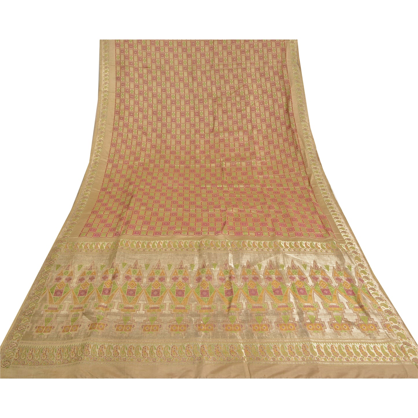 Sanskriti Vintage Beige Sarees Pure Satin BanarasiWoven Brocade Zari Sari Fabric