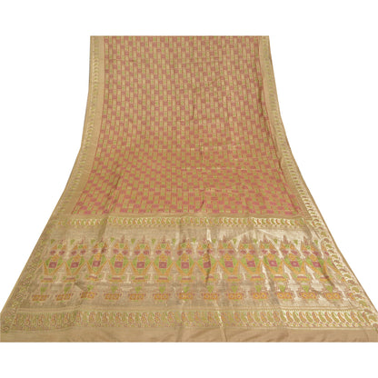 Sanskriti Vintage Beige Sarees Pure Satin BanarasiWoven Brocade Zari Sari Fabric