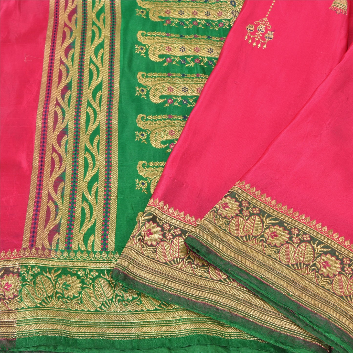 Sanskriti Vintage Pink/Green Wedding Sarees Pure Satin Silk Brocade Sari Sustainable Fabric