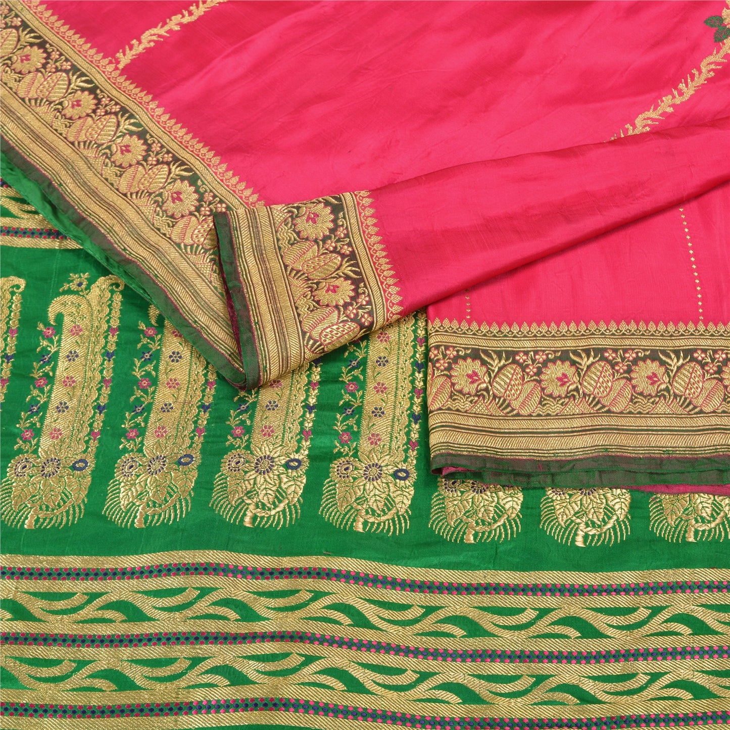 Sanskriti Vintage Pink/Green Wedding Sarees Pure Satin Silk Brocade Sari Sustainable Fabric