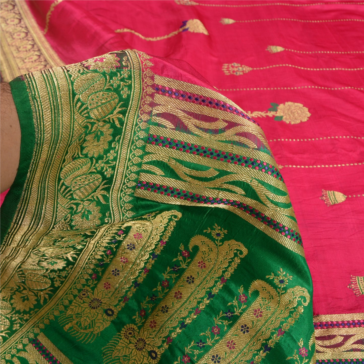 Sanskriti Vintage Pink/Green Wedding Sarees Pure Satin Silk Brocade Sari Sustainable Fabric