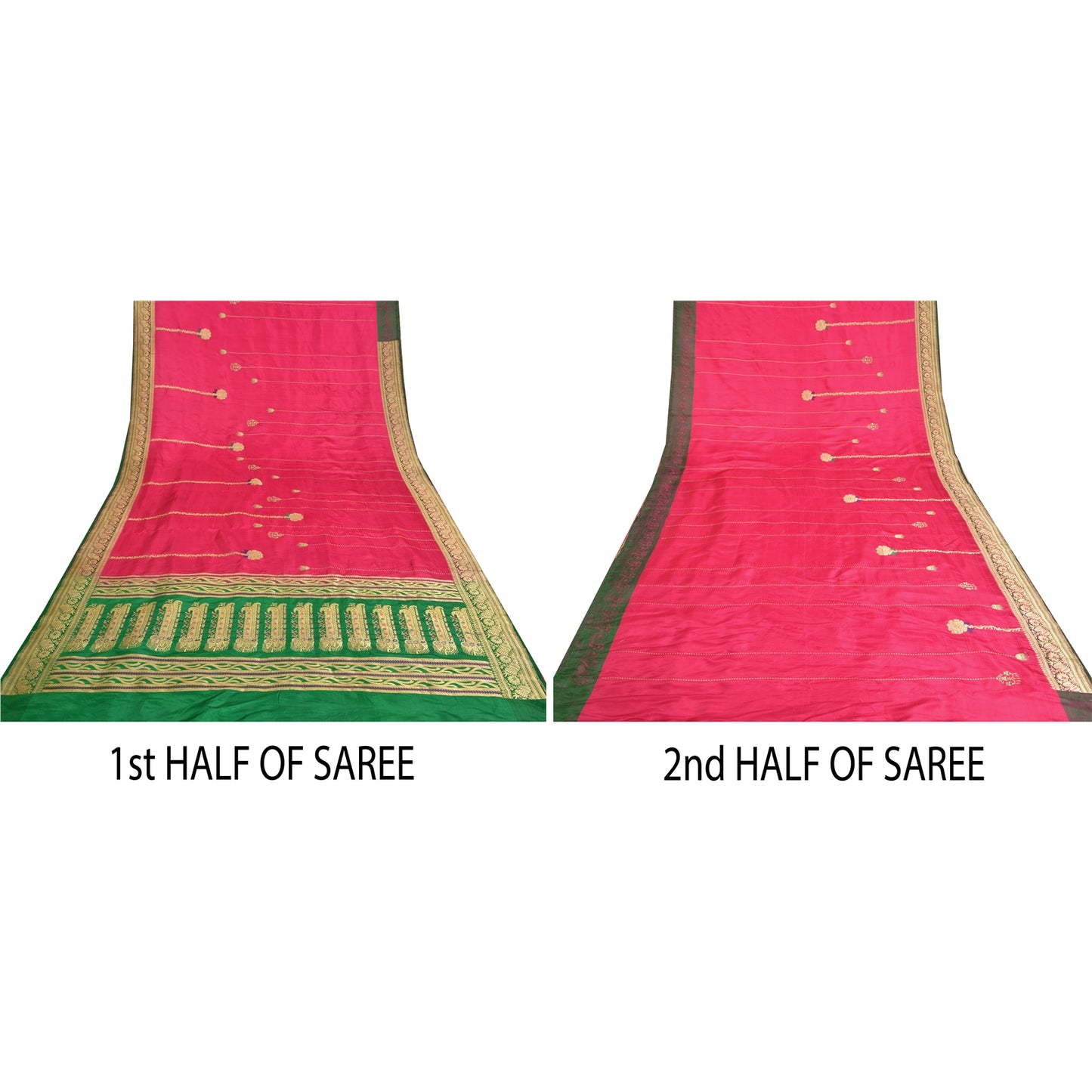 Sanskriti Vintage Pink/Green Wedding Sarees Pure Satin Silk Brocade Sari Sustainable Fabric