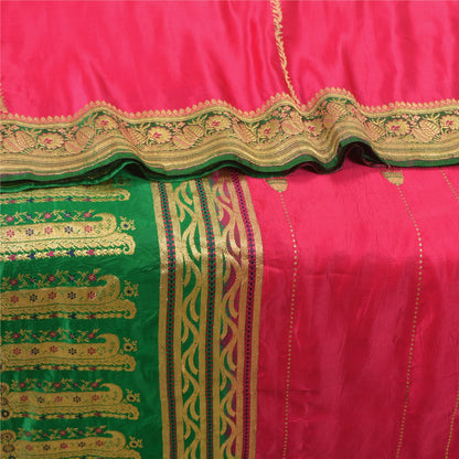 Sanskriti Vintage Pink/Green Wedding Sarees Pure Satin Silk Brocade Sari Sustainable Fabric