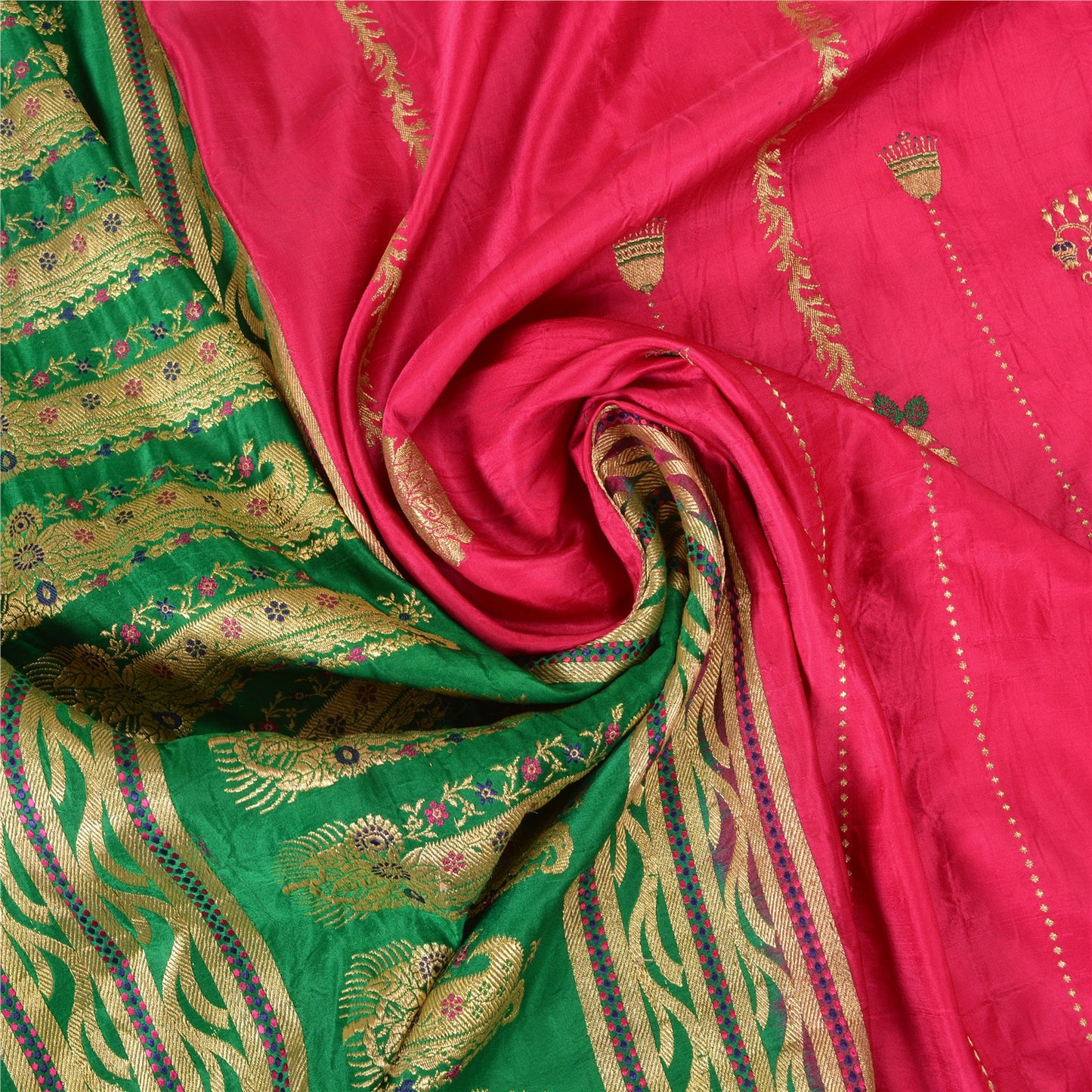 Sanskriti Vintage Pink/Green Wedding Sarees Pure Satin Silk Brocade Sari Sustainable Fabric