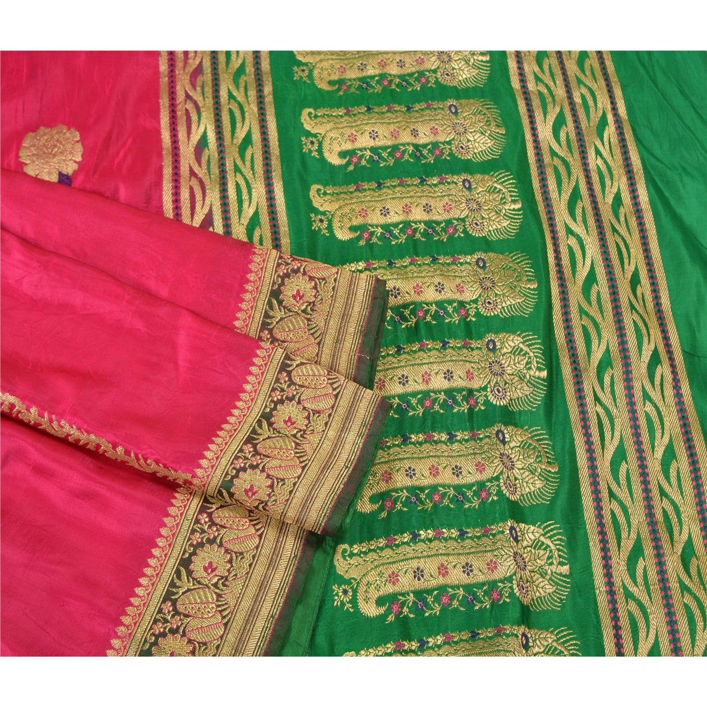 Sanskriti Vintage Pink/Green Wedding Sarees Pure Satin Silk Brocade Sari Sustainable Fabric