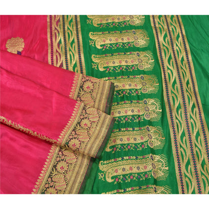 Sanskriti Vintage Pink/Green Wedding Sarees Pure Satin Silk Brocade Sari Sustainable Fabric