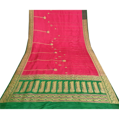 Sanskriti Vintage Pink/Green Wedding Sarees Pure Satin Silk Brocade Sari Sustainable Fabric