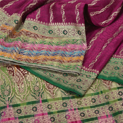 Sanskriti Vintage Purple Indian Sarees Pure Satin Silk Woven Brocade Sari Fabric