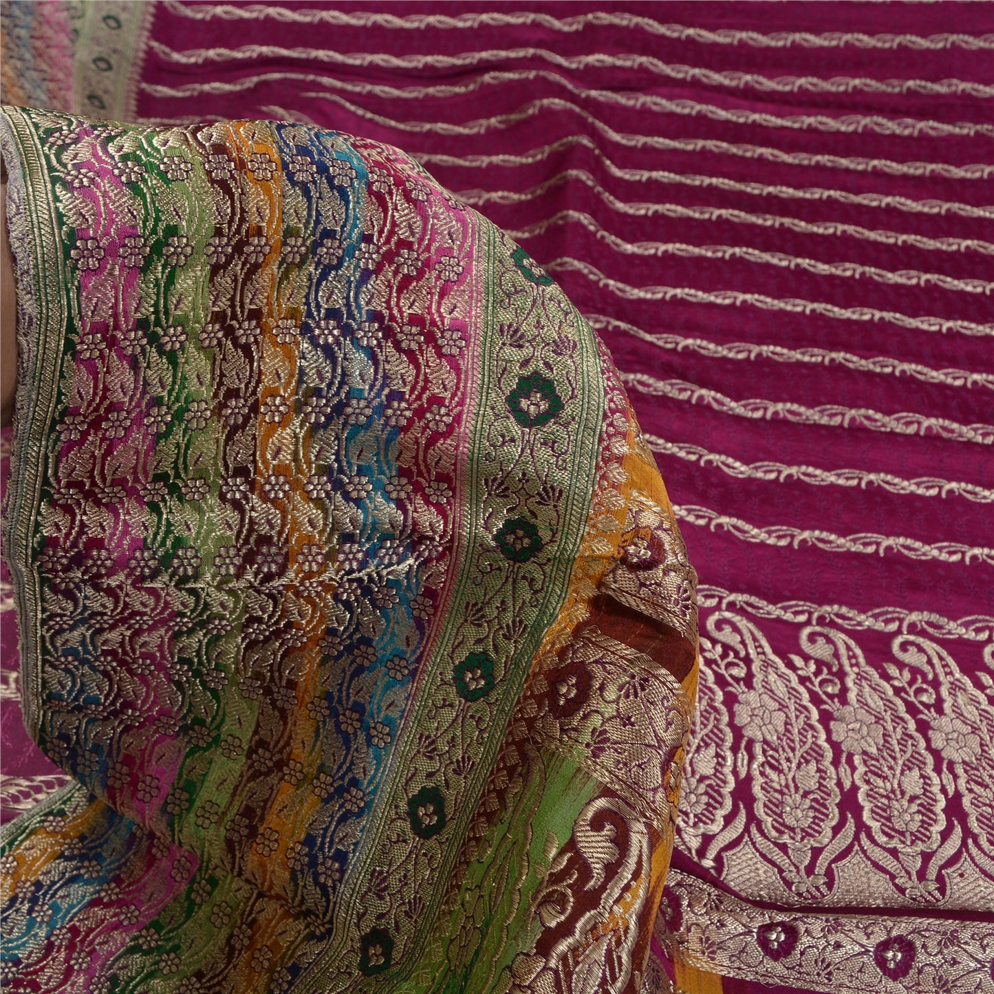 Sanskriti Vintage Purple Indian Sarees Pure Satin Silk Woven Brocade Sari Fabric