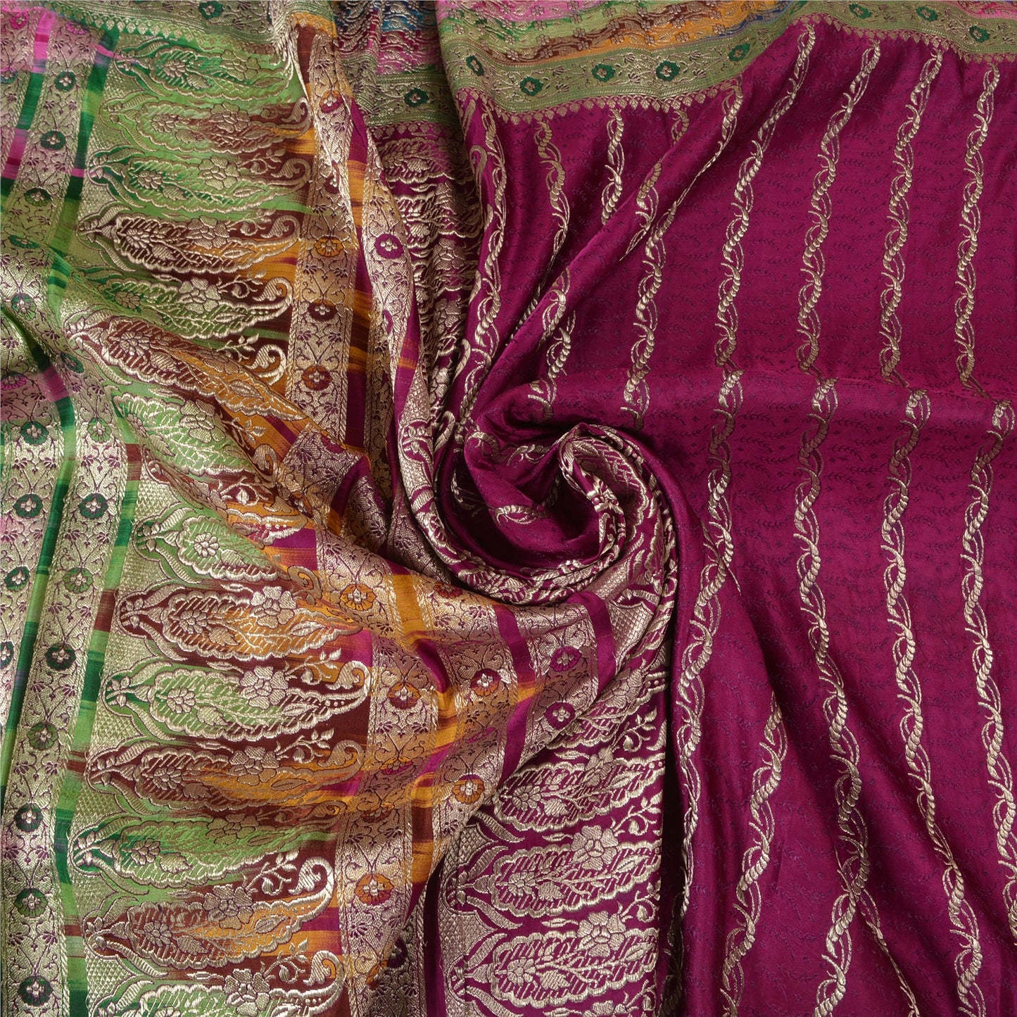Sanskriti Vintage Purple Indian Sarees Pure Satin Silk Woven Brocade Sari Fabric