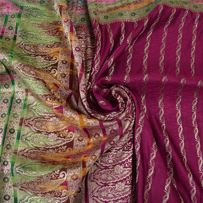 Sanskriti Vintage Purple Indian Sarees Pure Satin Silk Woven Brocade Sari Fabric