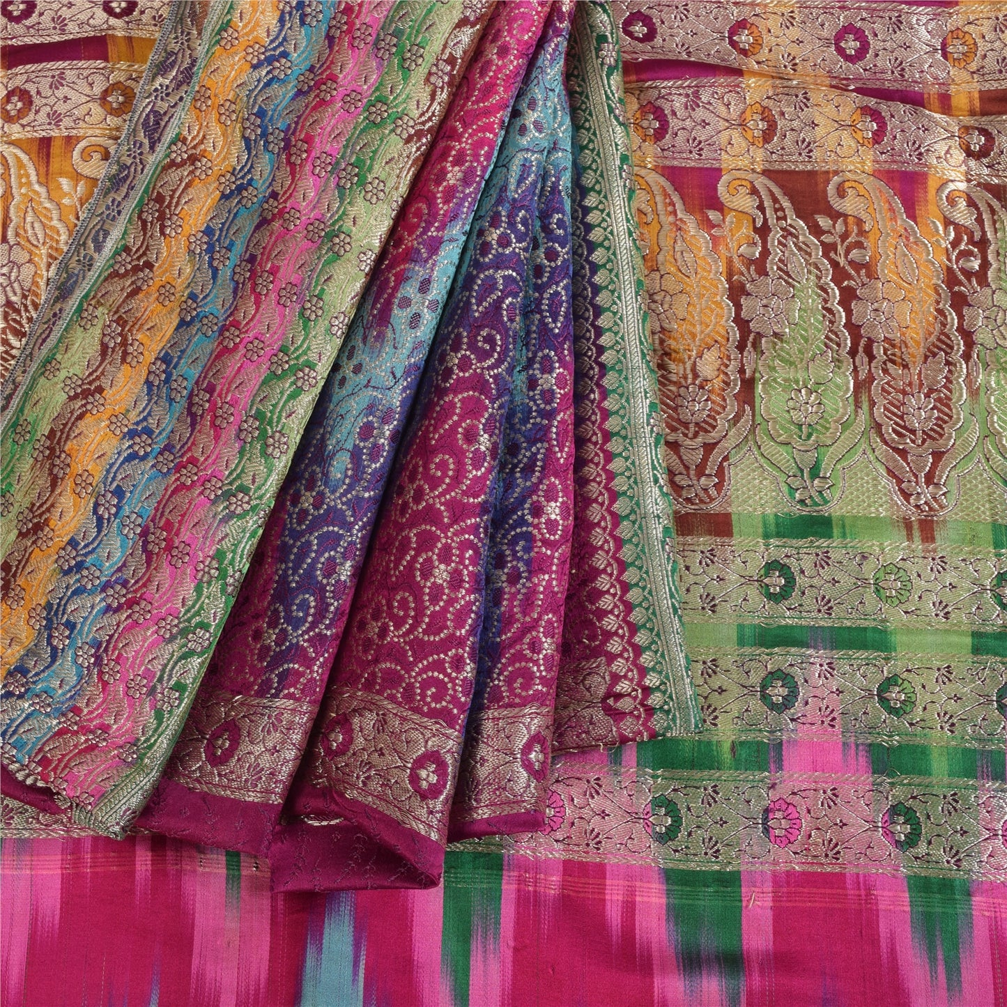 Sanskriti Vintage Purple Indian Sarees Pure Satin Silk Woven Brocade Sari Fabric