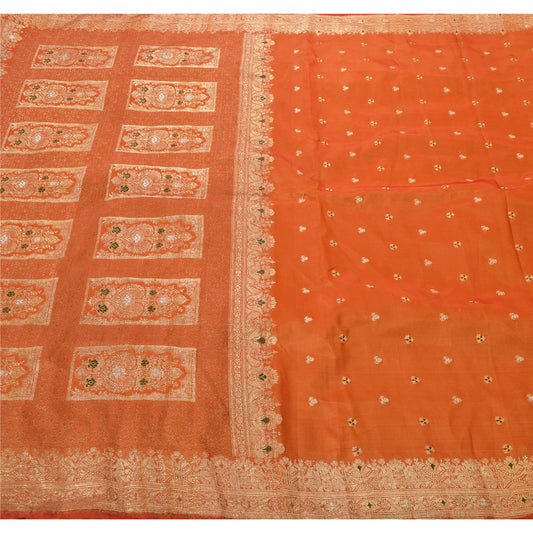 Sanskriti Vintage Saree Blend Silk Saffron Sarees Zari Hand Woven Banarasi Brocade 5YD Fabric Sari Create Dresses Kaftans Skirts Tops