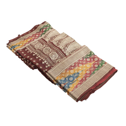 Sanskriti Vintage Dark Red Sarees Pure Satin Silk Brocade/Banarasi Sari Fabric