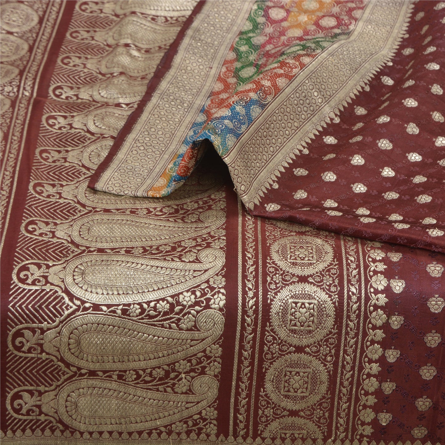 Sanskriti Vintage Dark Red Sarees Pure Satin Silk Brocade/Banarasi Sari Fabric