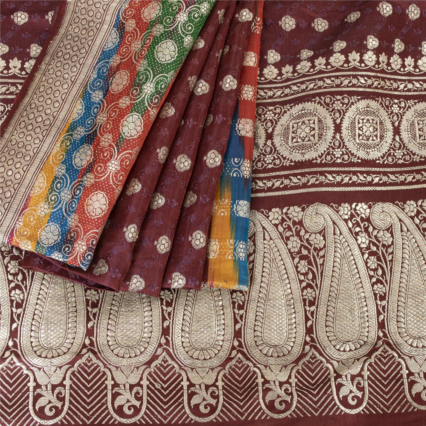 Sanskriti Vintage Dark Red Sarees Pure Satin Silk Brocade/Banarasi Sari Fabric